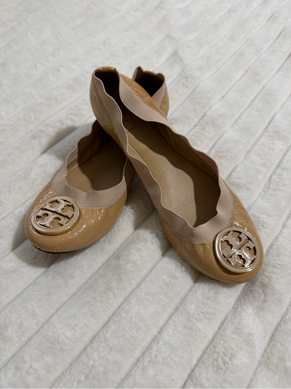 Tory Burch Nude Patent Leather Logo Ballet Flats